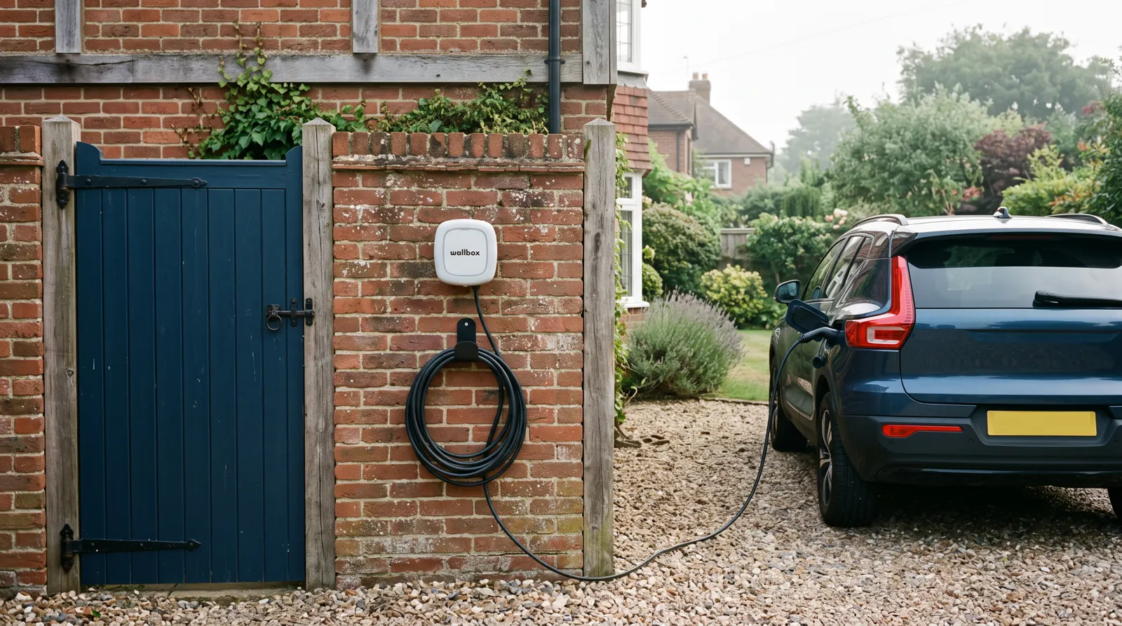 Wall-mounted EV chargepoint fitted to the outside of a brick house
