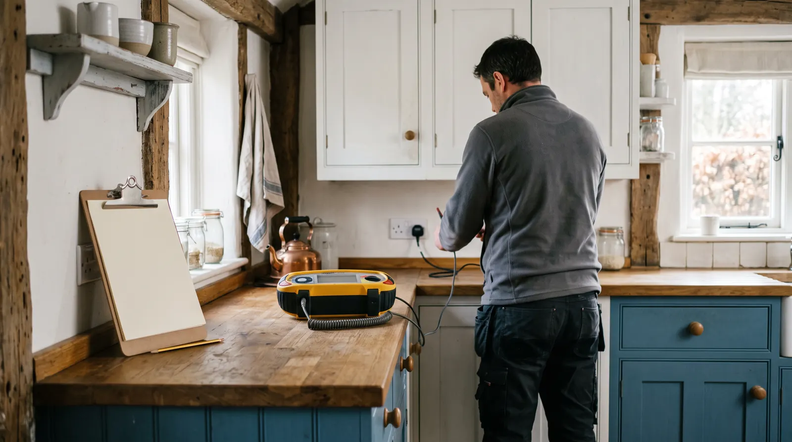 Electrician carrying out inspection and testing in a kitchen